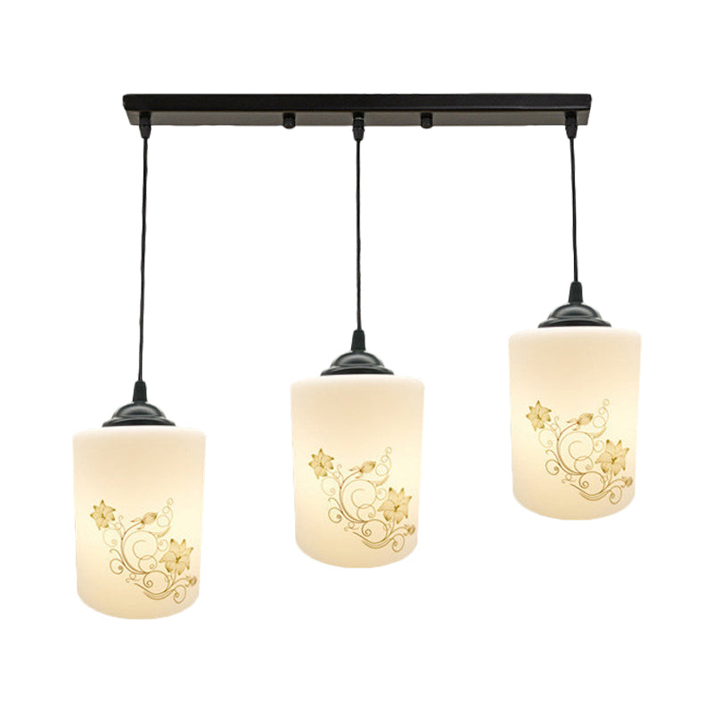 Modern White Printed Glass 3-Head Black Hanging Pendant - Cylinder Dining Room Multi Ceiling Light