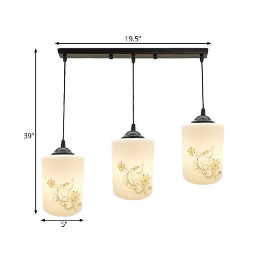 Modern White Printed Glass 3-Head Black Hanging Pendant - Cylinder Dining Room Multi Ceiling Light