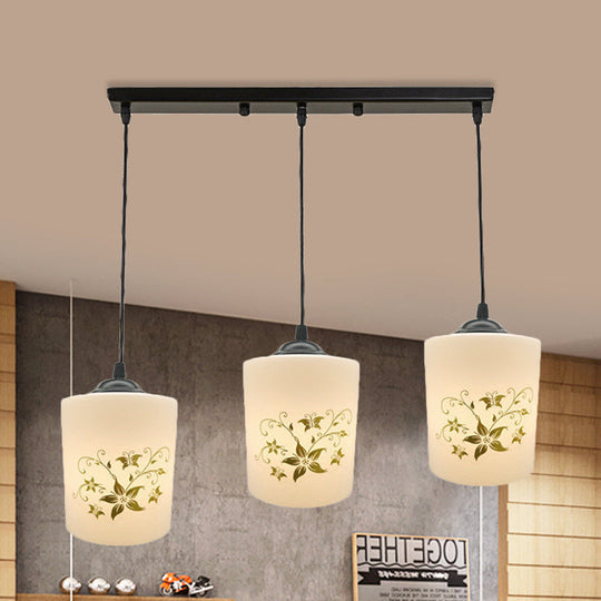 Modern White Printed Glass 3-Head Black Hanging Pendant - Cylinder Dining Room Multi Ceiling Light