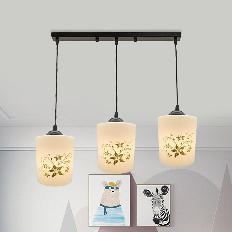 Modern White Printed Glass 3-Head Black Hanging Pendant - Cylinder Dining Room Multi Ceiling Light