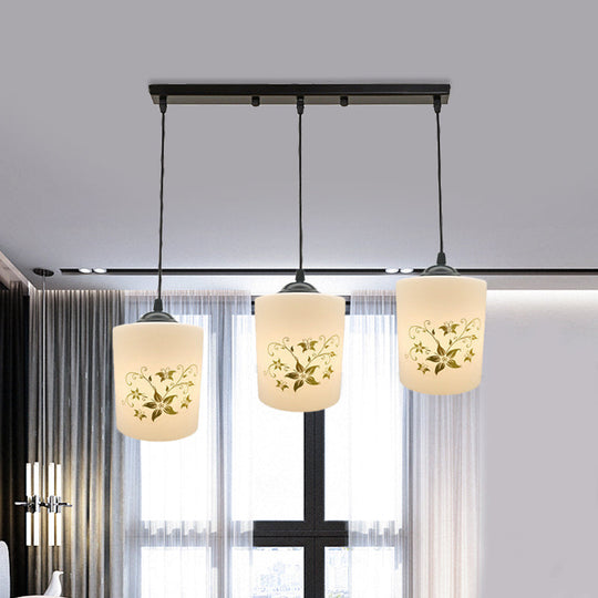 Modern White Printed Glass 3-Head Black Hanging Pendant - Cylinder Dining Room Multi Ceiling Light