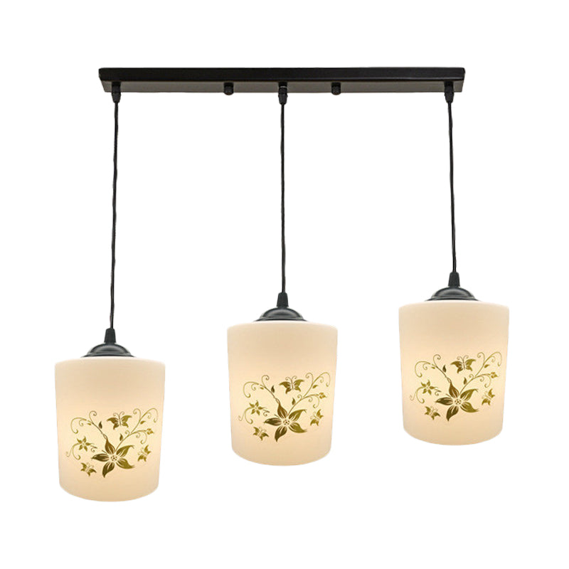 Modern White Printed Glass 3-Head Black Hanging Pendant - Cylinder Dining Room Multi Ceiling Light