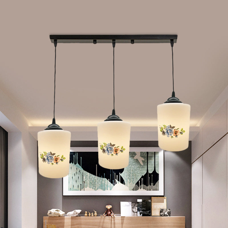 Modern White Printed Glass 3-Head Black Hanging Pendant - Cylinder Dining Room Multi Ceiling Light