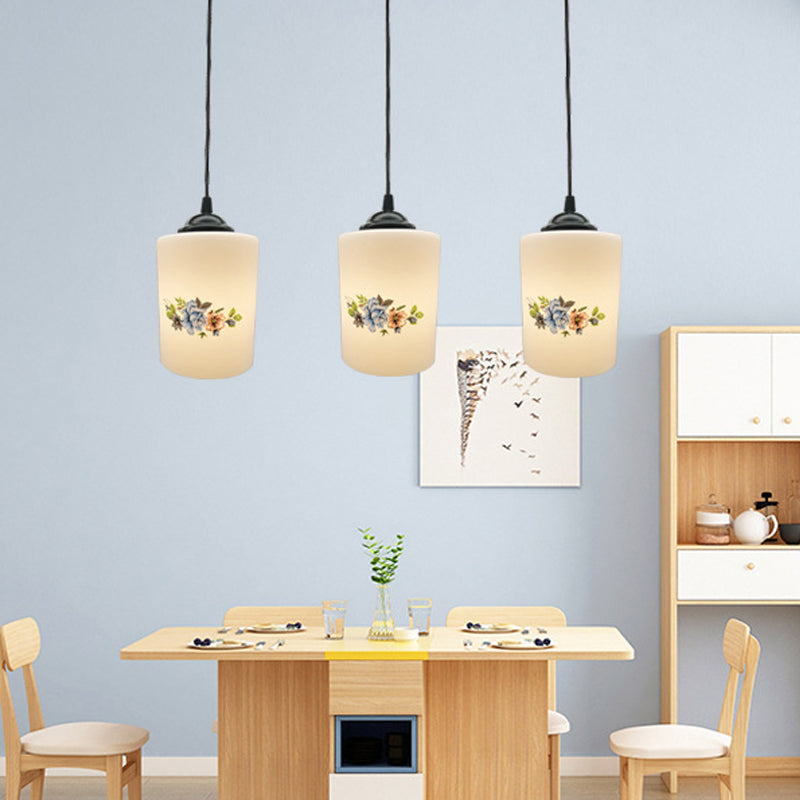 Modern White Printed Glass 3-Head Black Hanging Pendant - Cylinder Dining Room Multi Ceiling Light