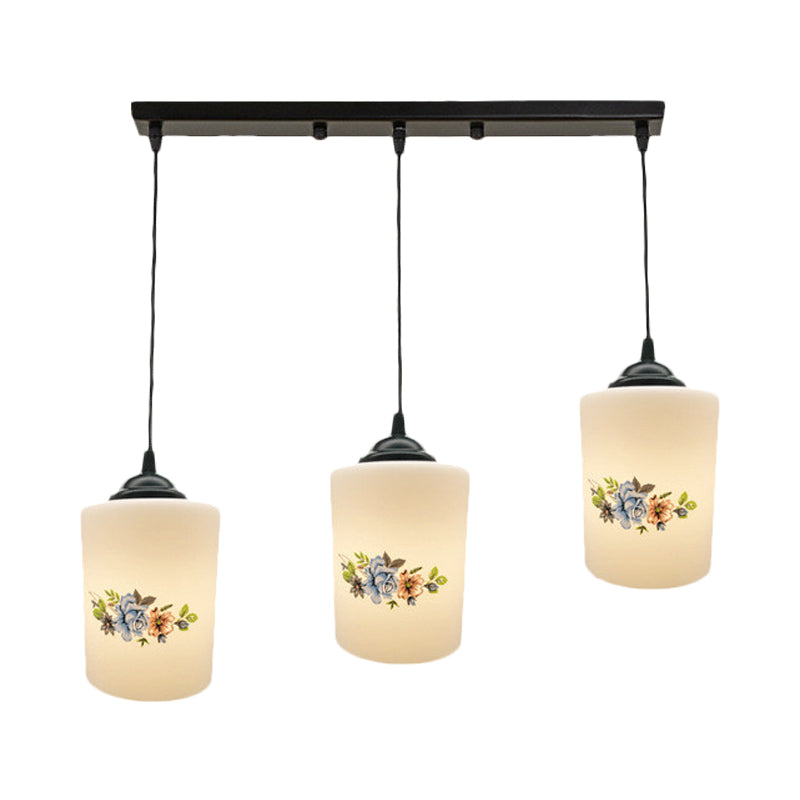 Modern White Printed Glass 3-Head Black Hanging Pendant - Cylinder Dining Room Multi Ceiling Light