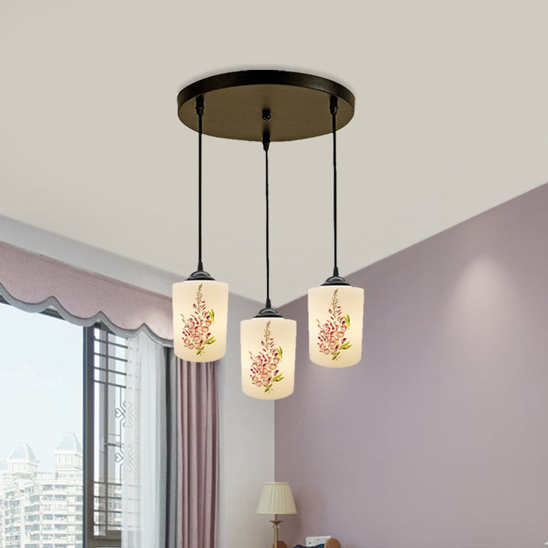 Black Multi Pendant Lamp - White Printing Glass 3-Light Dining Room Suspension Light With