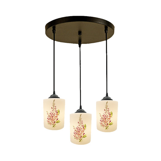 Black Multi Pendant Lamp - White Printing Glass 3-Light Dining Room Suspension Light With