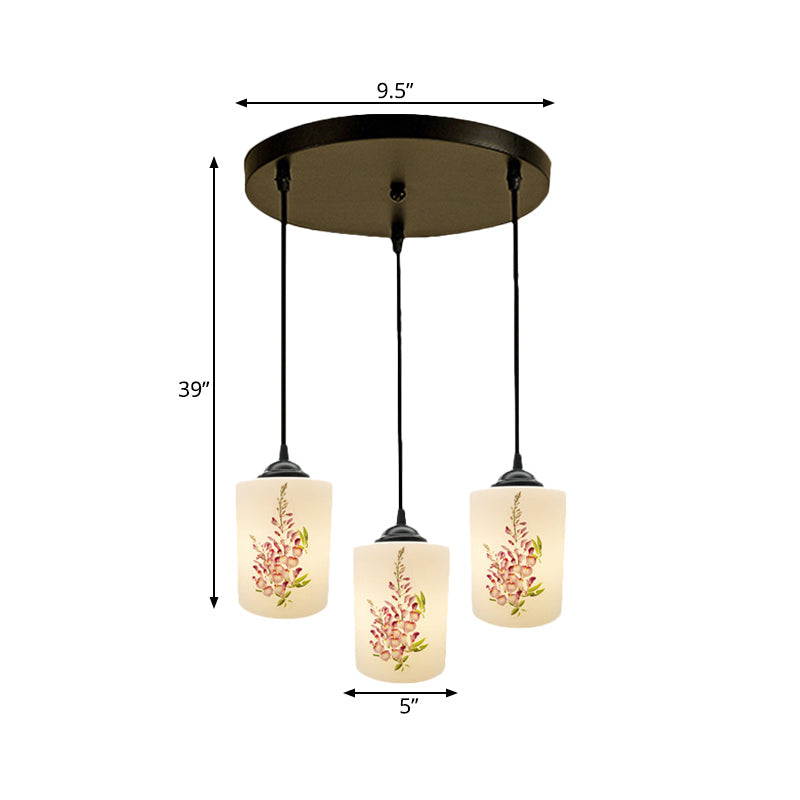 Black Multi Pendant Lamp - White Printing Glass 3-Light Dining Room Suspension Light With