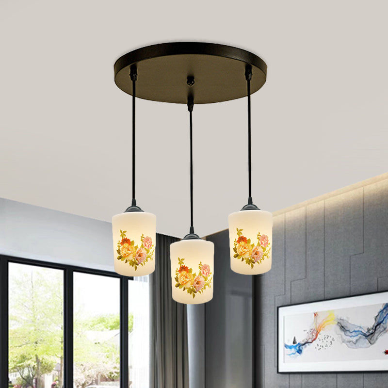 Black Multi Pendant Lamp - White Printing Glass 3-Light Dining Room Suspension Light With