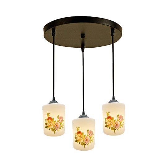 Black Multi Pendant Lamp - White Printing Glass 3-Light Dining Room Suspension Light With