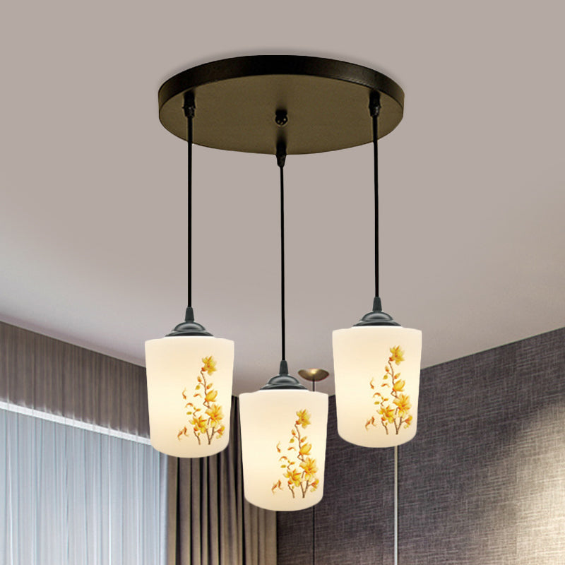 Black Multi Pendant Lamp - White Printing Glass 3-Light Dining Room Suspension Light With