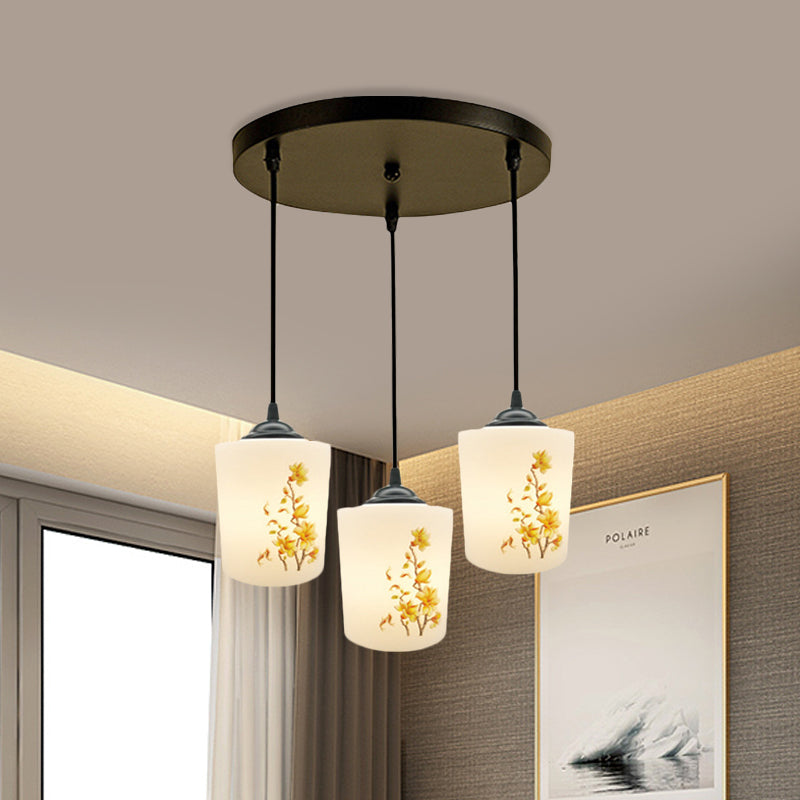 Black Multi Pendant Lamp - White Printing Glass 3-Light Dining Room Suspension Light With