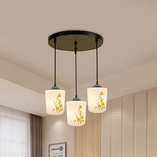 Black Multi Pendant Lamp - White Printing Glass 3-Light Dining Room Suspension Light With