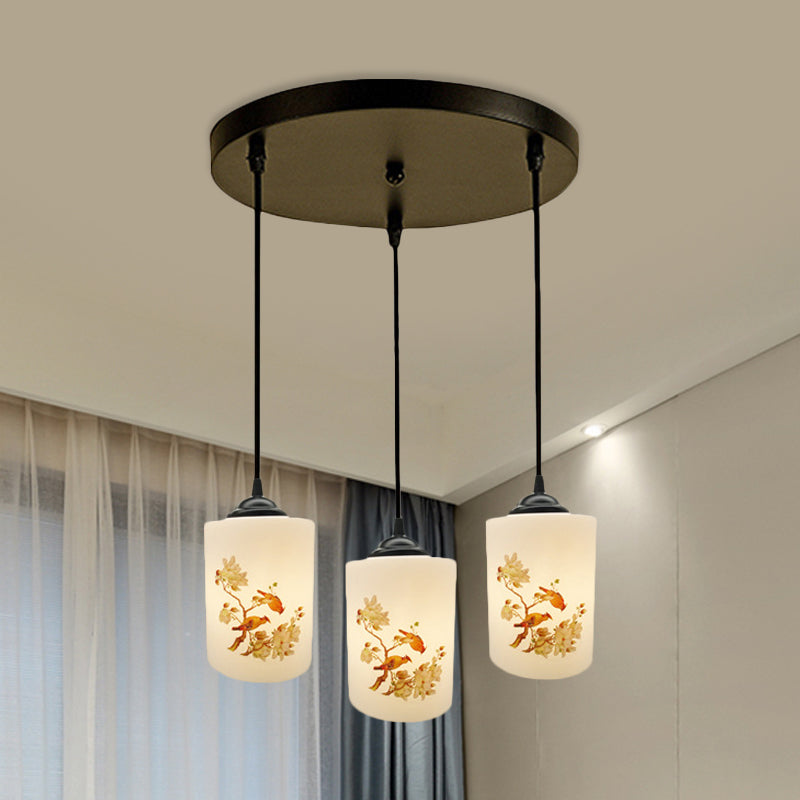 Black Multi Pendant Lamp - White Printing Glass 3-Light Dining Room Suspension Light With