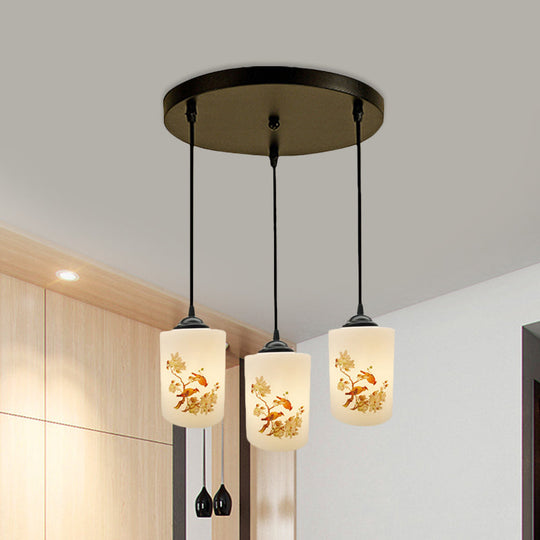 Black Multi Pendant Lamp - White Printing Glass 3-Light Dining Room Suspension Light With