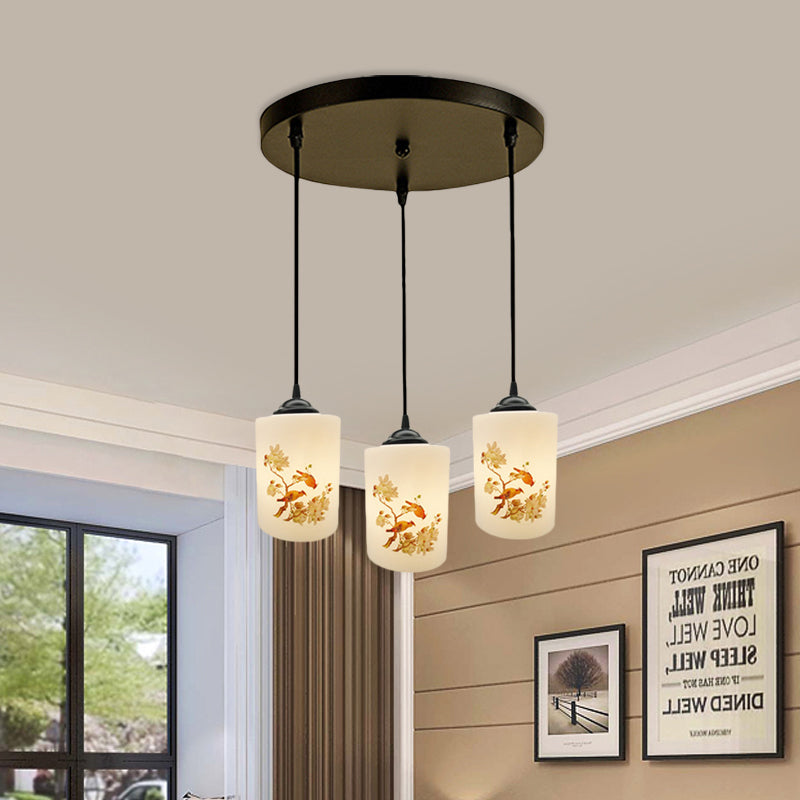 Black Multi Pendant Lamp - White Printing Glass 3-Light Dining Room Suspension Light With