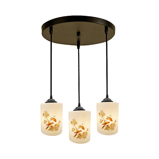 Black Multi Pendant Lamp - White Printing Glass 3-Light Dining Room Suspension Light With