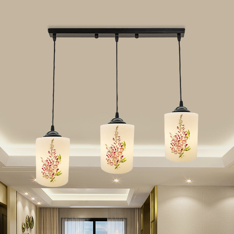 Black Multi Pendant Lamp - White Printing Glass 3-Light Dining Room Suspension Light With