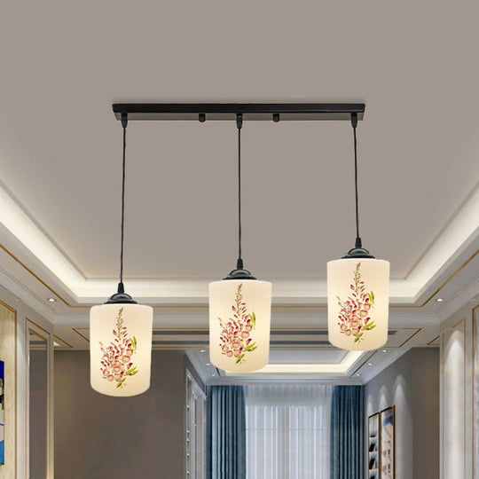 Black Multi Pendant Lamp - White Printing Glass 3-Light Dining Room Suspension Light With