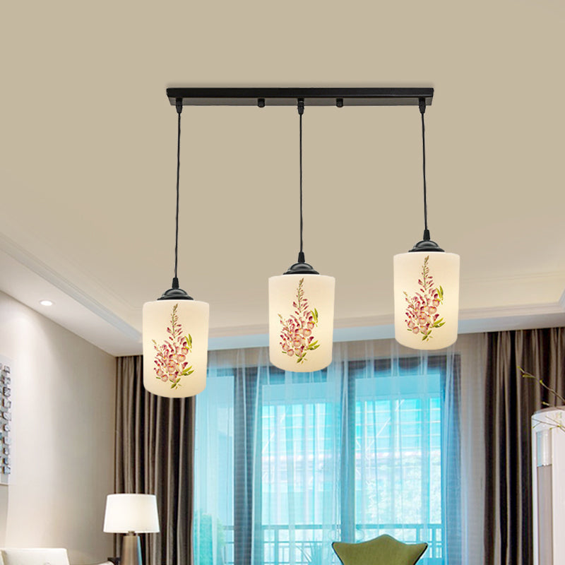 Black Multi Pendant Lamp - White Printing Glass 3-Light Dining Room Suspension Light With