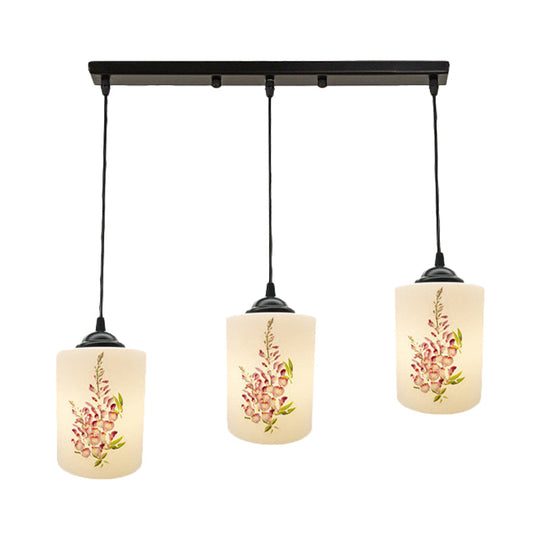 Black Multi Pendant Lamp - White Printing Glass 3-Light Dining Room Suspension Light With