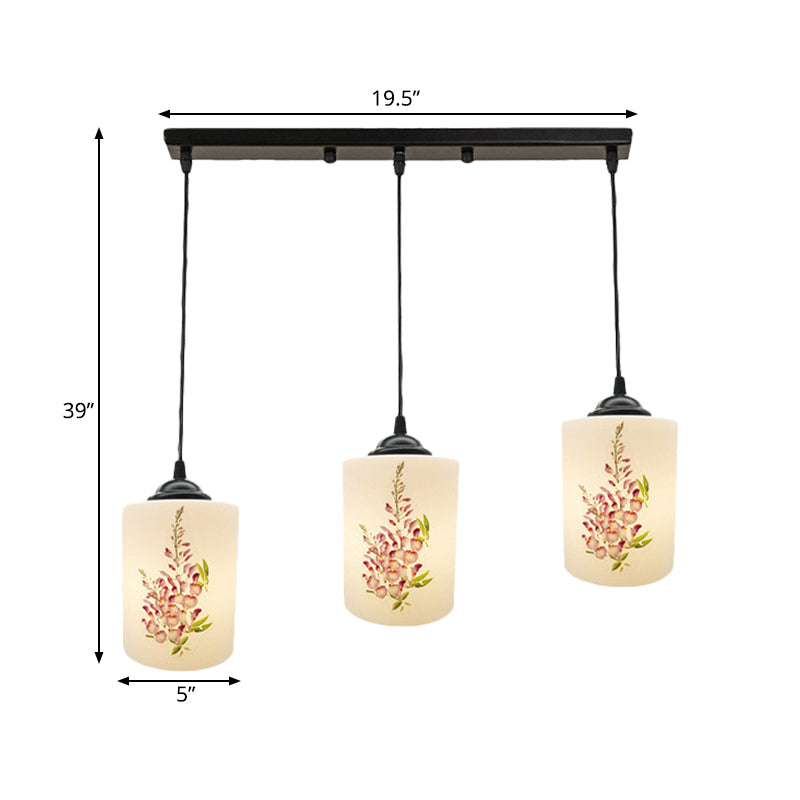 Black Multi Pendant Lamp - White Printing Glass 3-Light Dining Room Suspension Light With