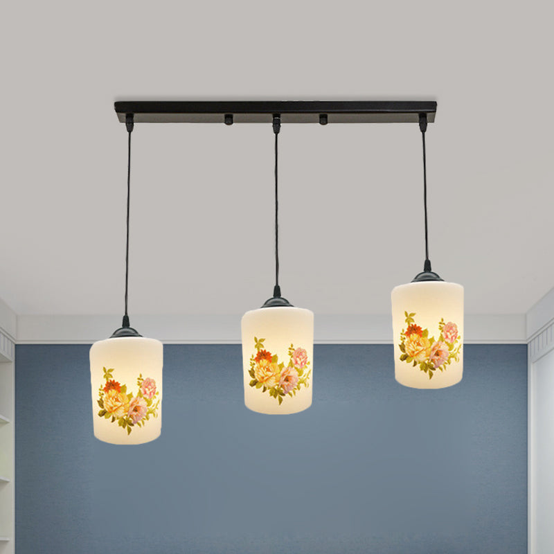 Black Multi Pendant Lamp - White Printing Glass 3-Light Dining Room Suspension Light With