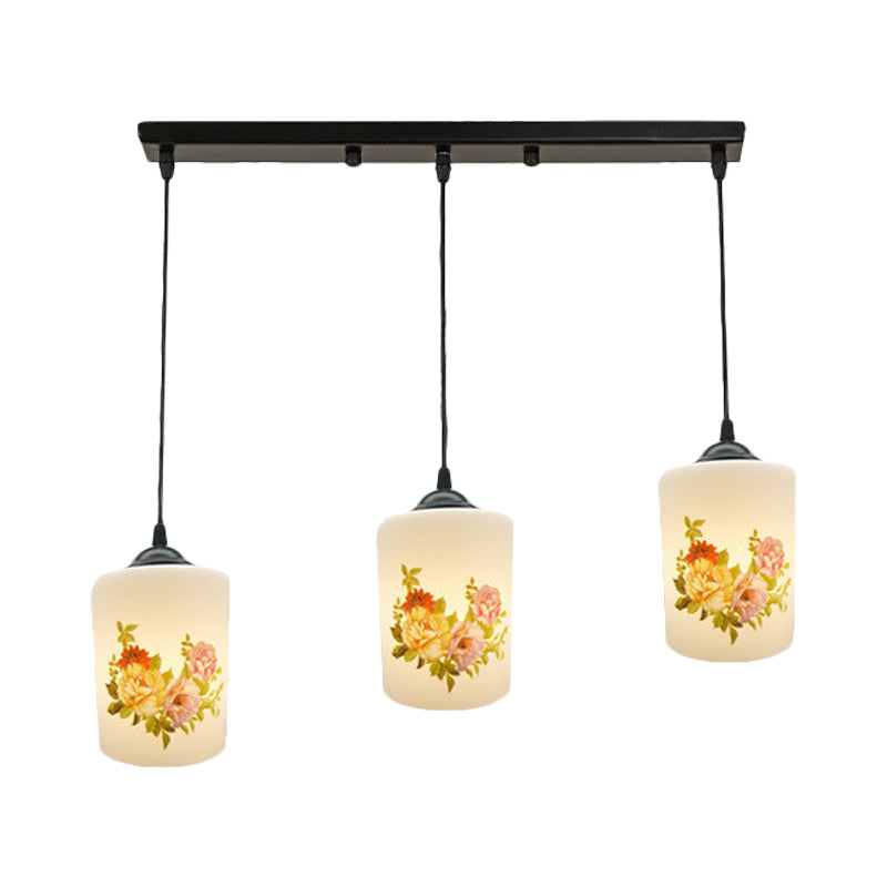 Black Multi Pendant Lamp - White Printing Glass 3-Light Dining Room Suspension Light With