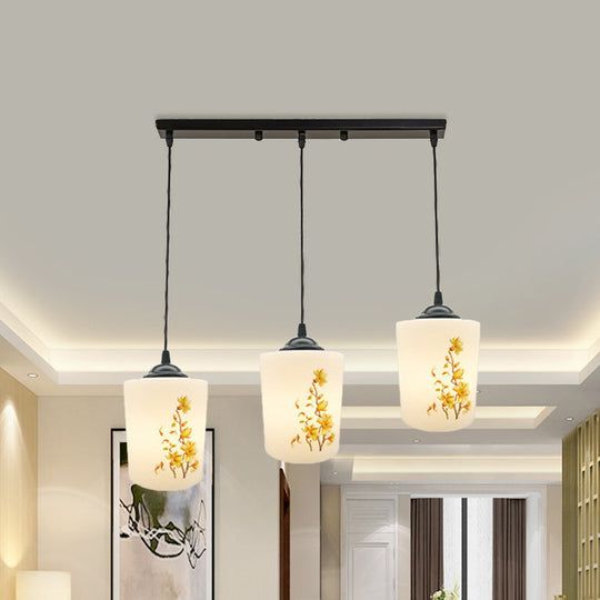 Black Multi Pendant Lamp - White Printing Glass 3-Light Dining Room Suspension Light With