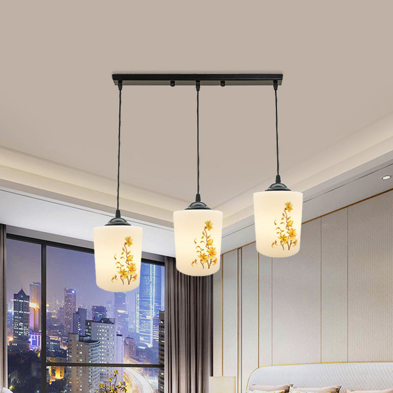 Black Multi Pendant Lamp - White Printing Glass 3-Light Dining Room Suspension Light With