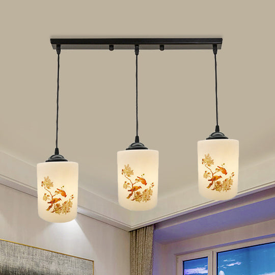 Black Multi Pendant Lamp - White Printing Glass 3-Light Dining Room Suspension Light With