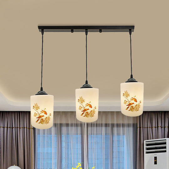 Black Multi Pendant Lamp - White Printing Glass 3-Light Dining Room Suspension Light With