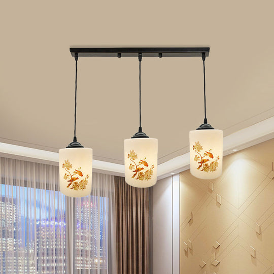 Black Multi Pendant Lamp - White Printing Glass 3-Light Dining Room Suspension Light With