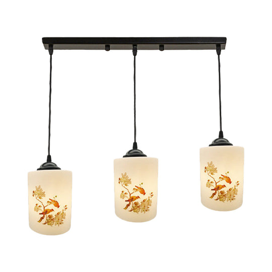 Black Multi Pendant Lamp - White Printing Glass 3-Light Dining Room Suspension Light With