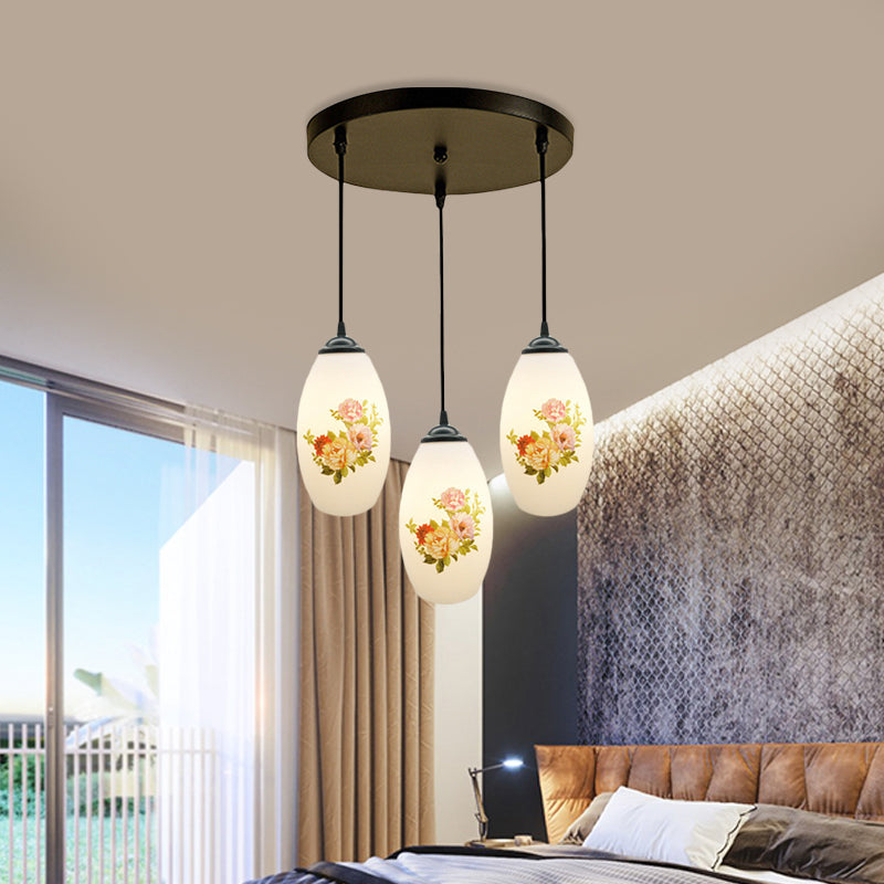 Minimalism Oval Multi Lamp Pendant - 3 White Frosted Glass Heads Black Suspension Light