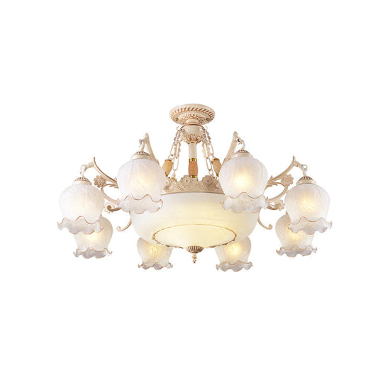 Rustic Floral Ceiling Light with White Glass Shades - 7/9/11 Head Semi Flush Mount for Living Room