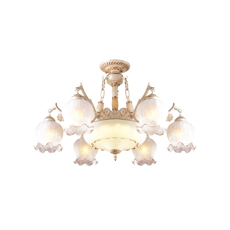 Rustic Floral Ceiling Light with White Glass Shades - 7/9/11 Head Semi Flush Mount for Living Room