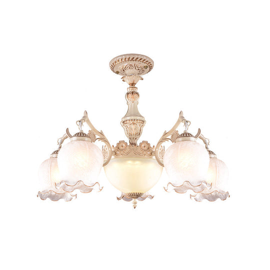 Rustic Floral Ceiling Light with White Glass Shades - 7/9/11 Head Semi Flush Mount for Living Room