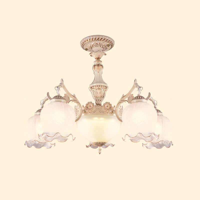 Rustic Floral Ceiling Light with White Glass Shades - 7/9/11 Head Semi Flush Mount for Living Room