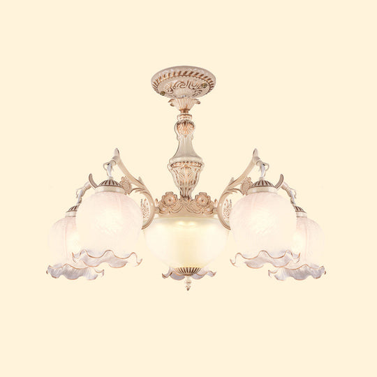 Rustic Floral Ceiling Light with White Glass Shades - 7/9/11 Head Semi Flush Mount for Living Room