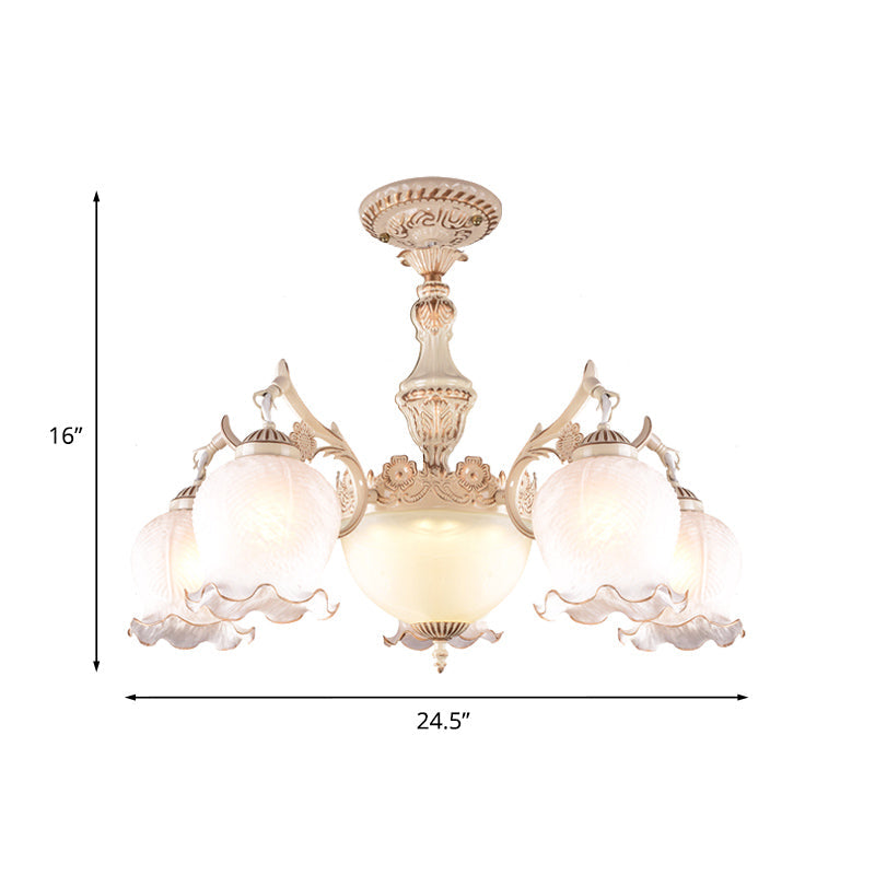 Rustic Floral Ceiling Light with White Glass Shades - 7/9/11 Head Semi Flush Mount for Living Room