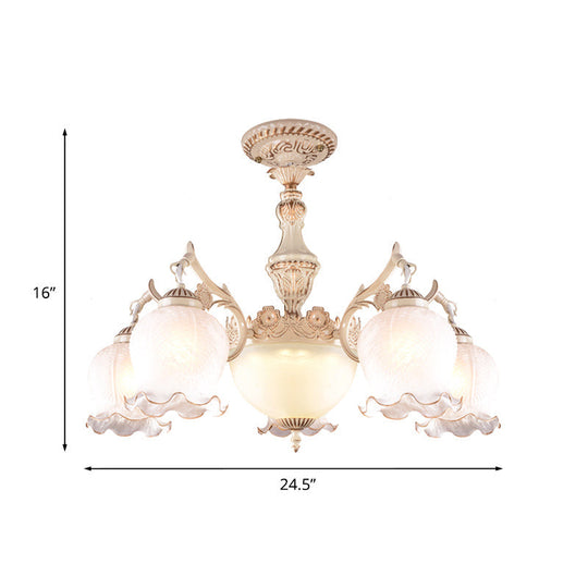 Rustic Floral Ceiling Light with White Glass Shades - 7/9/11 Head Semi Flush Mount for Living Room