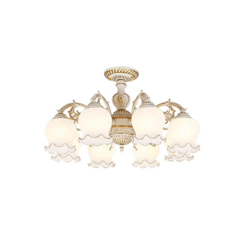 Rustic White Glass Semi Flush Mount Light Fixture with Beige Finish - Flower Living Room, 3/5/6 Bulbs