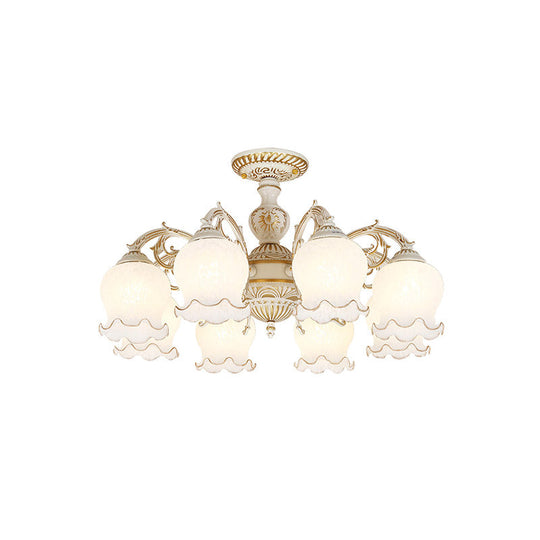 Rustic White Glass Flower Semi Flush Mount Light Fixture With 3/5/6 Bulbs For Living Rooms