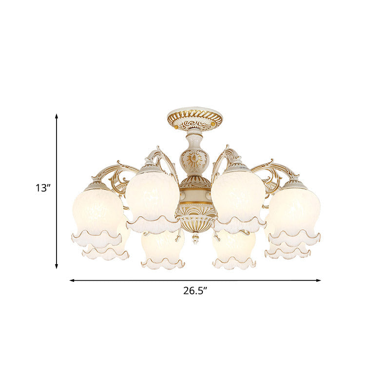 Rustic White Glass Semi Flush Mount Light Fixture with Beige Finish - Flower Living Room, 3/5/6 Bulbs