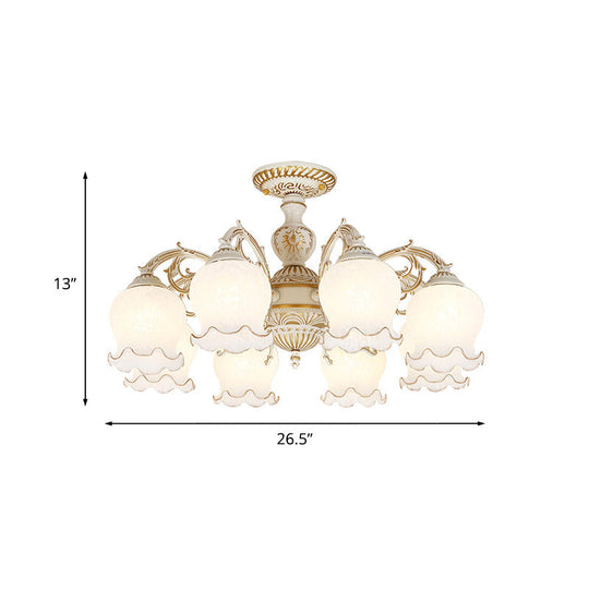 Rustic White Glass Semi Flush Mount Light Fixture with Beige Finish - Flower Living Room, 3/5/6 Bulbs