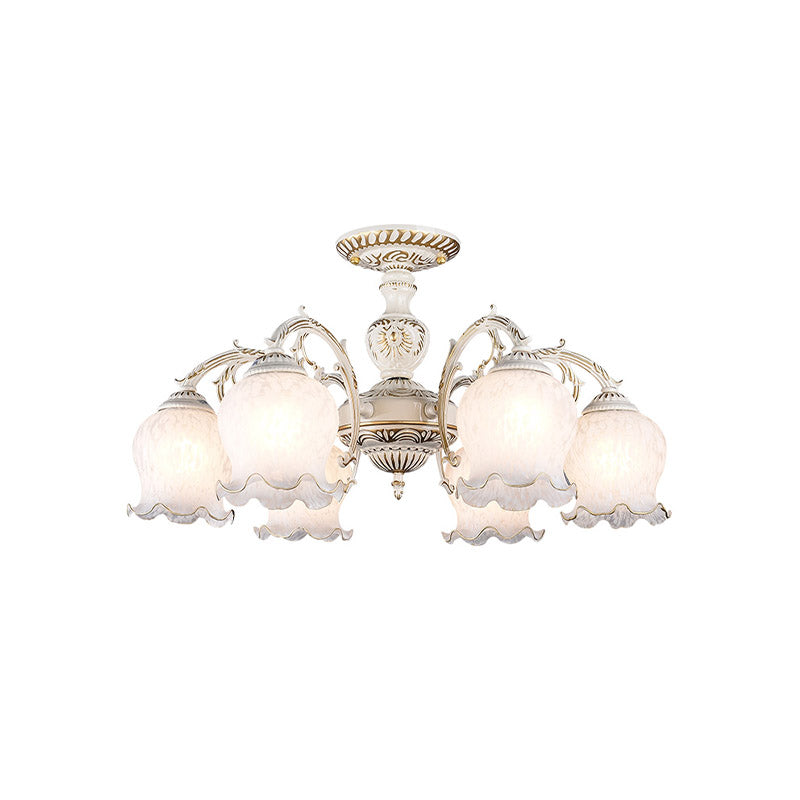 Rustic White Glass Semi Flush Mount Light Fixture with Beige Finish - Flower Living Room, 3/5/6 Bulbs