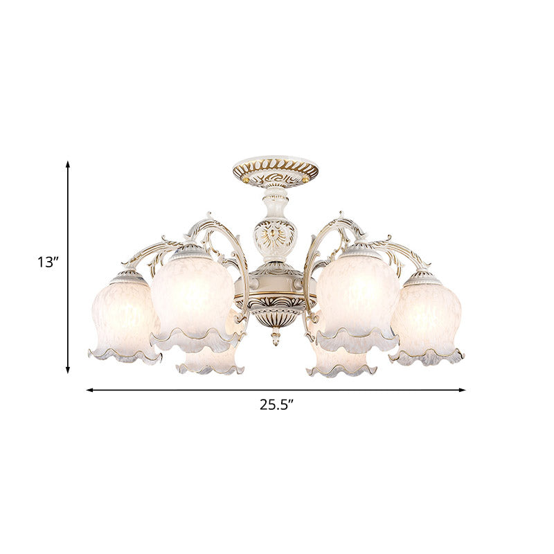 Rustic White Glass Semi Flush Mount Light Fixture with Beige Finish - Flower Living Room, 3/5/6 Bulbs