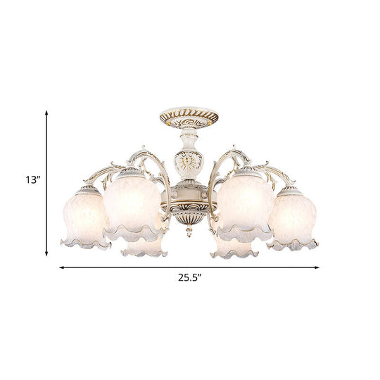 Rustic White Glass Semi Flush Mount Light Fixture with Beige Finish - Flower Living Room, 3/5/6 Bulbs