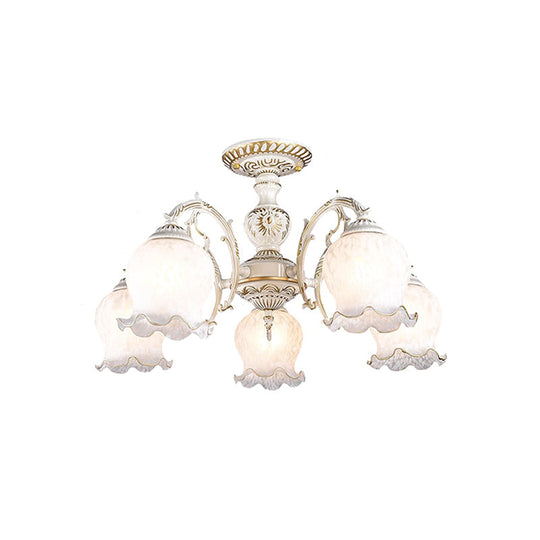 Rustic White Glass Semi Flush Mount Light Fixture with Beige Finish - Flower Living Room, 3/5/6 Bulbs